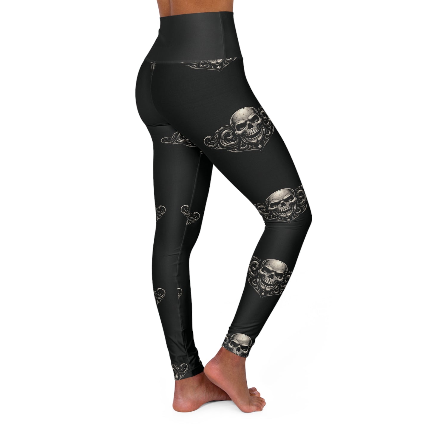 Black High-Waist Yoga Leggings with Subtle Metallic Swirl Pattern