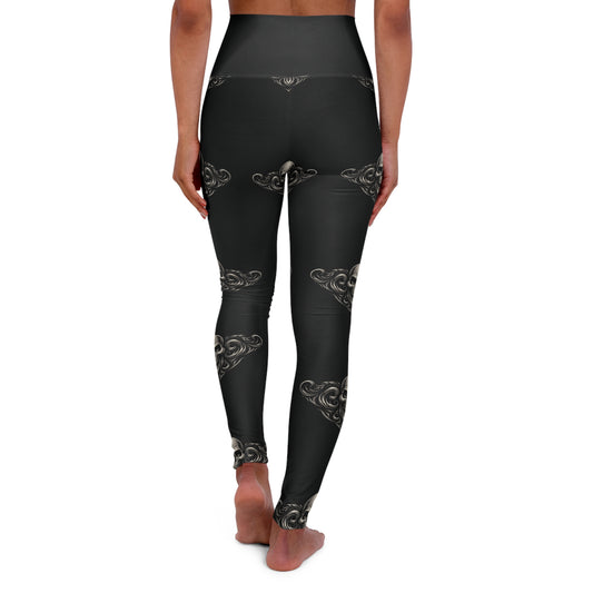 Black High-Waist Yoga Leggings with Subtle Metallic Swirl Pattern