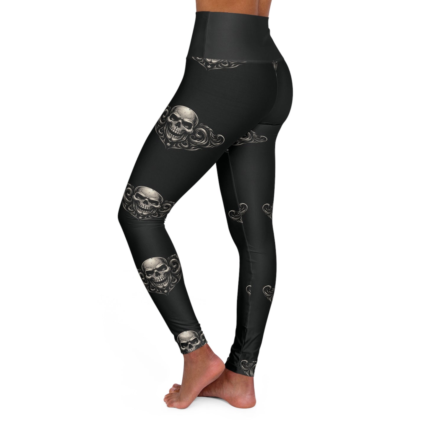 Black High-Waist Yoga Leggings with Subtle Metallic Swirl Pattern