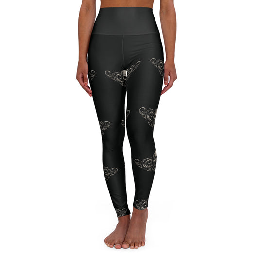 Black High-Waist Yoga Leggings with Subtle Metallic Swirl Pattern